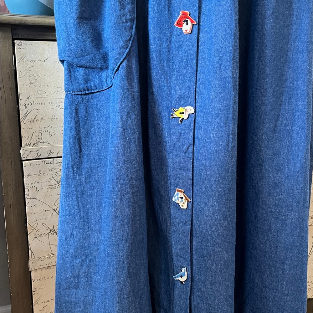 VINTAGE DOGWOOD LANE CHAMBRAY JUMPER DRESS WITH BIRD SHAPE BUTTONS BLUE SIZE L - Picture 8 of 13